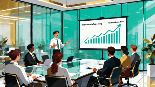 Dynamic entrepreneur team illustration, diverse startup founders pitching innovative idea in glass office boardroom, presentation screen with growth graphs, investors listening