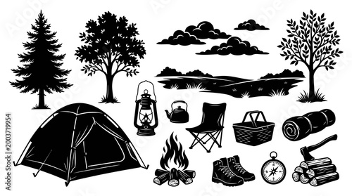 Camping Gear Icons: Tent, Lantern, Fire, Boots, Axe, Compass, Nature