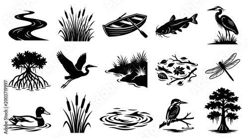 Wetland Nature and Aquatic Wildlife Glyph Icons Set - River, Pond, Marsh Fauna and Flora Silhouettes