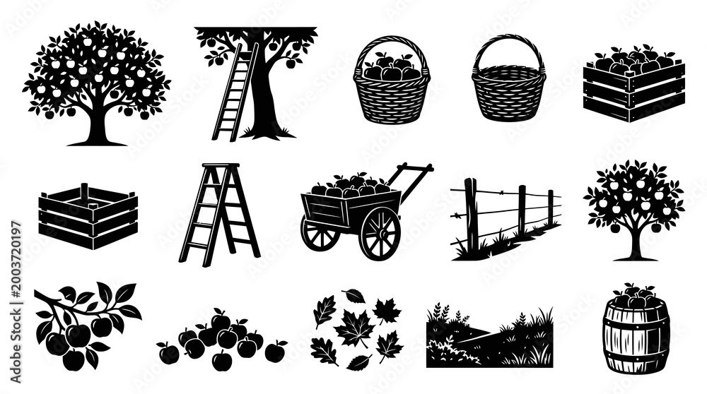 Fototapeta premium Farming Food Industry: Black White Apple Harvest Orchard Glyph Set