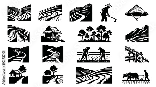 Black and White Icons of Asian Rice Terraces and Farmers, Agriculture Concept