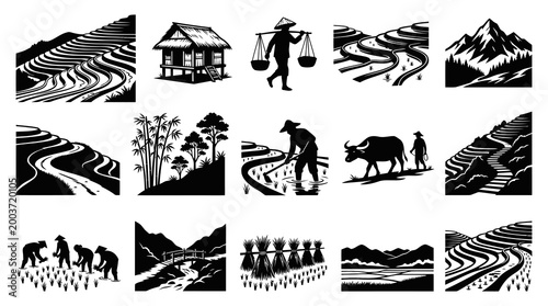 Black and White Icon Set of Rice Terraces, Farmers, and Asian Village Life