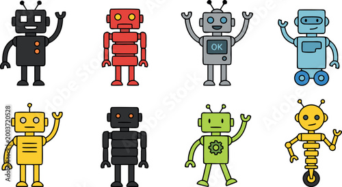 Colorful Collection of Cute Cartoon Robot Characters in Various Shapes and Styles for Kids