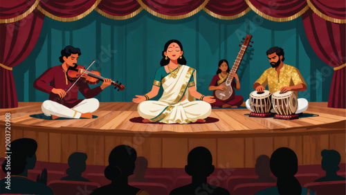 a traditional Carnatic music performance in a sabha hall, central vocalist in silk saree seated cross-legged in perfect posture with eyes closed in musical devotion