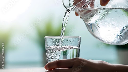 Pouring fresh water into glass, hydration and healthy lifestyle