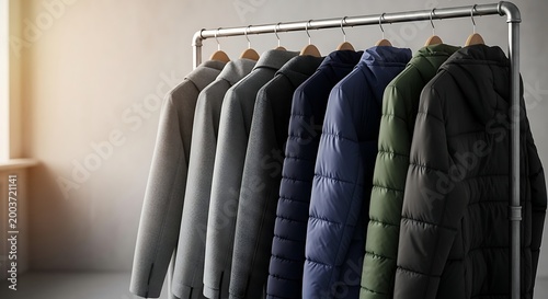 Collection of Mens Outerwear Hanging on a Rack.
