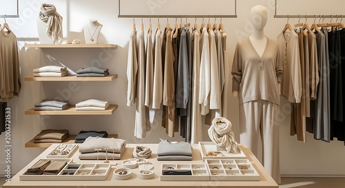 Elegant Boutique Display of Womens Apparel and Accessories.