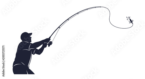 Silhouette of a fisherman casting a fishing rod on white background
