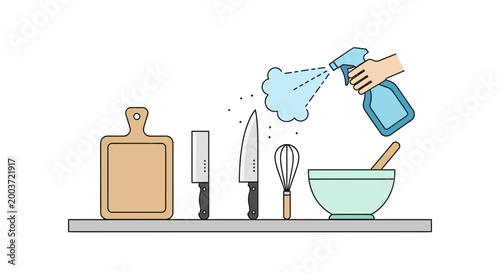 Kitchen hygiene: cleaning utensils with spray