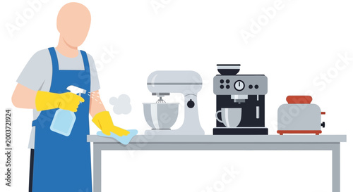 Person cleaning kitchen appliances with spray bottle