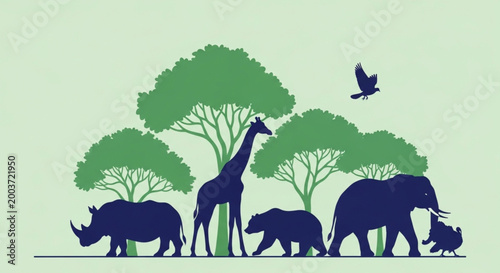 A harmonious illustration featuring various wild animal silhouettes, including elephant, giraffe, and rhino, standing amidst stylized trees, representing biodiversity and nature conservation