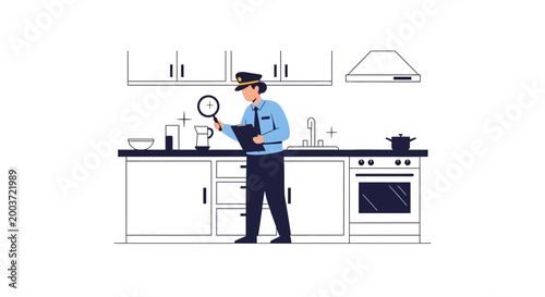 Detective inspects kitchen with magnifying glass