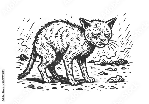 Stray Cat hand drawn simple sketch vector illustration