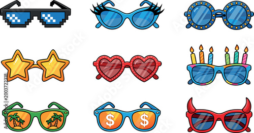 Colorful Collection of Fun Party Sunglasses Featuring Star Heart Pixel and Birthday Candle Shaped Frames