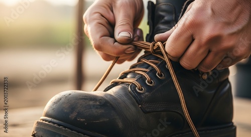 Worker hands tying laces on dirty black leather work boots