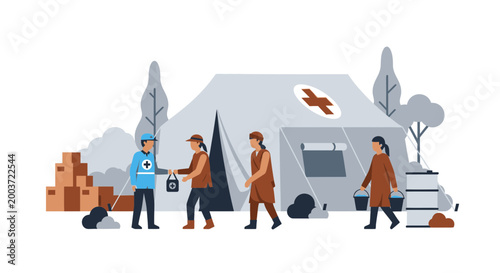 Humanitarian aid tent and people