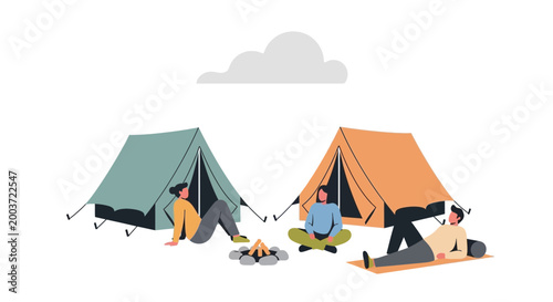Camping trip, friends relaxing outdoors