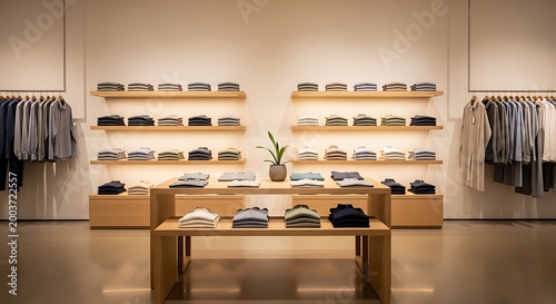 Modern Clothing Store Interior with Organized Displays.