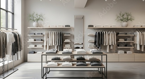 Modern Clothing Store Interior with Stylish Apparel Displays.