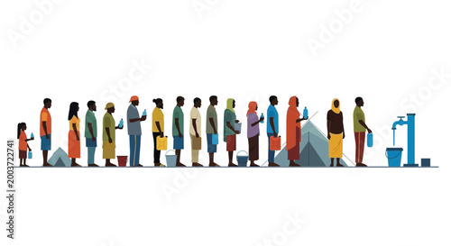 People queue for water, humanitarian aid concept