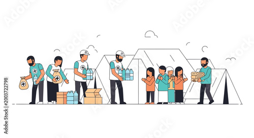 Aid workers distribute supplies to refugees