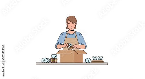 Woman packing box with bubble wrap