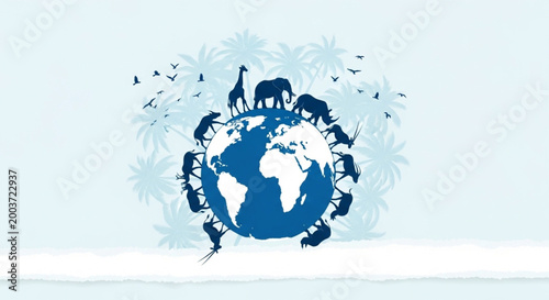 Conceptual illustration depicting Earth's diverse wildlife, with a blue globe encircled by various animal silhouettes, representing global biodiversity and ecological balance