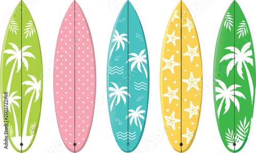 Colorful Collection of Modern Surfboard Vector Illustrations Featuring Tropical Patterns Summer Icons and Beach Designs
