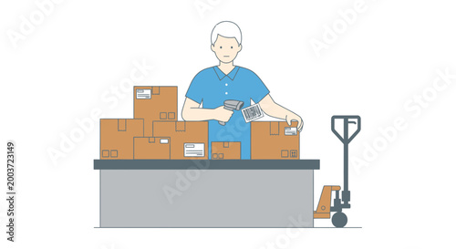 Warehouse worker scanning package with barcode scanner