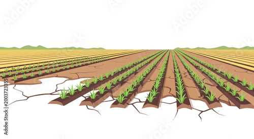Cracked earth with young crops