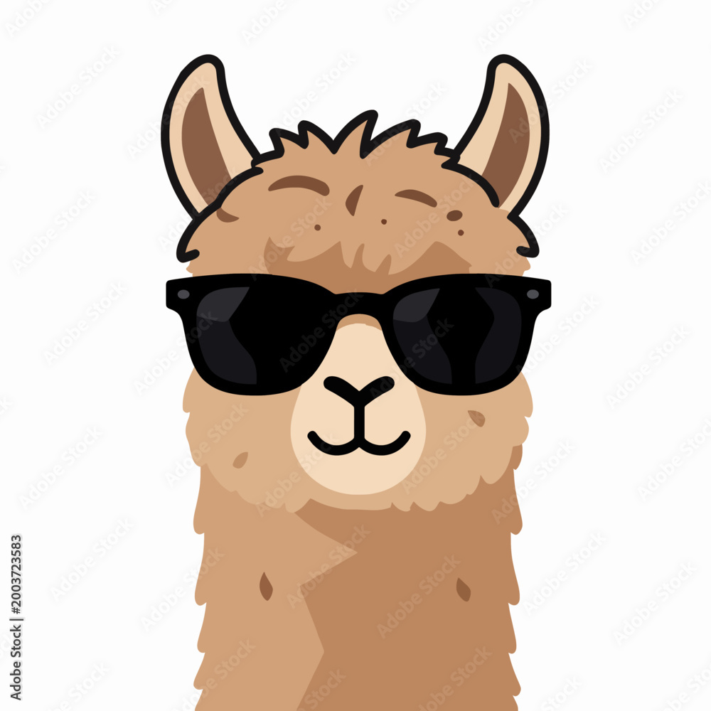 Fototapeta premium Cool alpaca character vector illustration wearing sunglasses, flat modern animal mascot design, isolated graphic