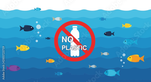 Fotografía No Plastic Bottle In Ocean With Fish
