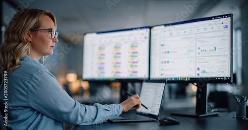 Data analysis and business intelligence woman working with charts and graphs on multiple computer screens analyzing. High quality photo