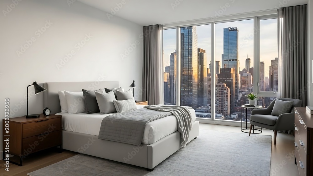 Fototapeta premium Modern bedroom with city skyline view.
