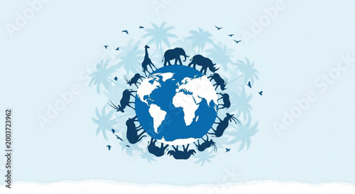 World Biological Diversity Day Illustration of earth surrounded by diverse animals and trees, symbolizing wildlife conservation and global biodiversity