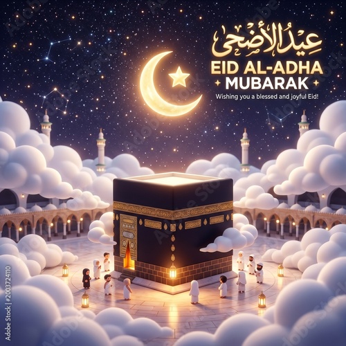Glowing 3D Kaaba with Starry Night Sky and Copy Space