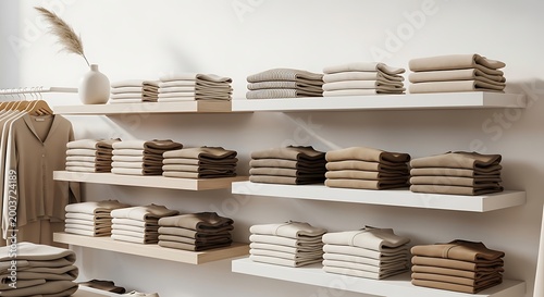 Neatly Folded Stacked Clothing on White Shelves in Retail Store Display.