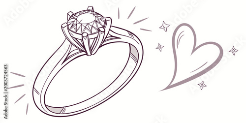 Foto Hand drawn solitaire diamond ring graphic with heart and sparkle details for rom