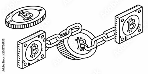 Interconnected bitcoin digital coins with chain links concept cryptocurrency blockchain currency connection technology transaction security investment exchange financial transfer abstract