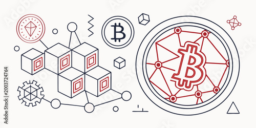 Abstract cryptocurrency and blockchain ecosystem illustration with bitcoin symbol blockchain cryptocurrency currency technology connection transaction investment financial exchange structure