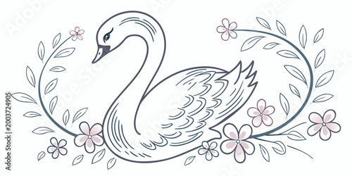 Elegant swan surrounded by floral decorative wreath outline illustration with illustration wildlife decorative botanical graceful waterfowl monochrome isolated minimalist ornament invitation