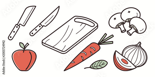 Kitchen preparation tools and fresh ingredients set with cutting board preparation ingredients vegetable mushroom culinary nutrition chopping culinarytools utensils illustration collection