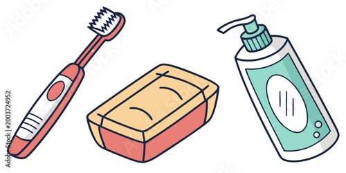 Daily personal hygiene items including toothbrush soap bar and liquid soap dispenser with toothbrush dispenser personal sanitation cleanliness bathroom wellness toiletries cosmetics cleaning