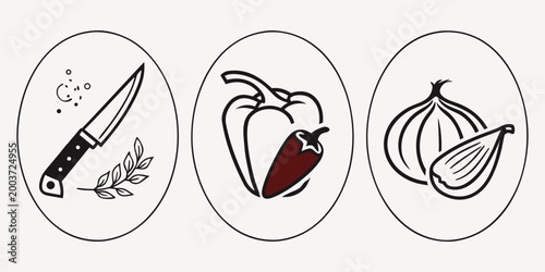 Kitchen food preparation icons set with chef knife and vegetables preparation culinary ingredients nutrition illustration collection minimalist restaurant chopping vegetarian