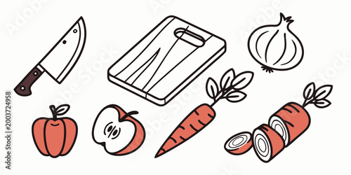 Cooking and food preparation icons set with cutting board and fresh produce preparation ingredients vegetable nutrition culinary chopping illustration collection cookingtools kitchenware