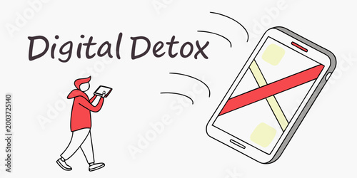 Digital detox concept with person using smartphone technology unplugged distraction lifestyle connectivity internet wellness scrolling addiction communication illustration