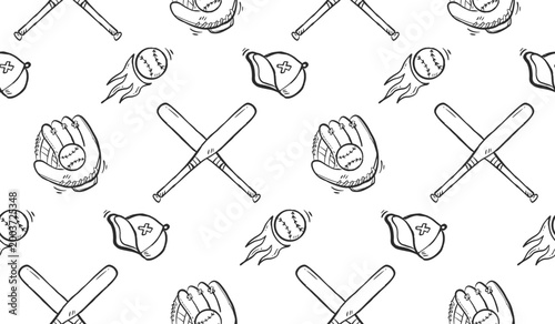Baseball doodle background. Baseball equipment pattern background. Baseball seamless pattern for kids. Softball Sport hand drawn seamless pattern with bat, trophy, cap, glove, ball, home run, flag.