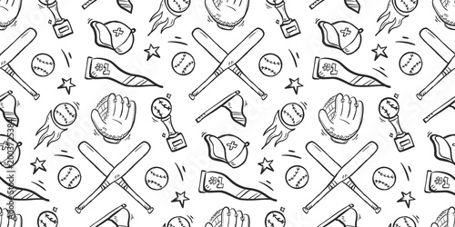 Baseball doodle background. Baseball equipment pattern background. Baseball seamless pattern for kids. Softball Sport hand drawn seamless pattern with bat, trophy, cap, glove, ball, home run, flag.