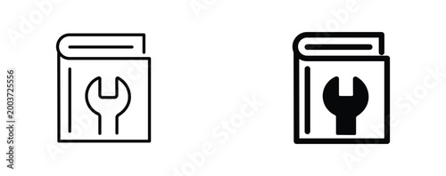 Technical manual book icons with wrench symbol, user guide vector set, instruction handbook and repair documentation graphics for support