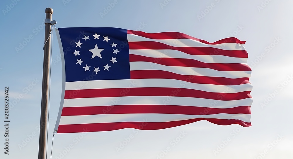 Obraz premium Betsy ross american flag with thirteen stars waving against a bright blue sky. 13 colonies flag